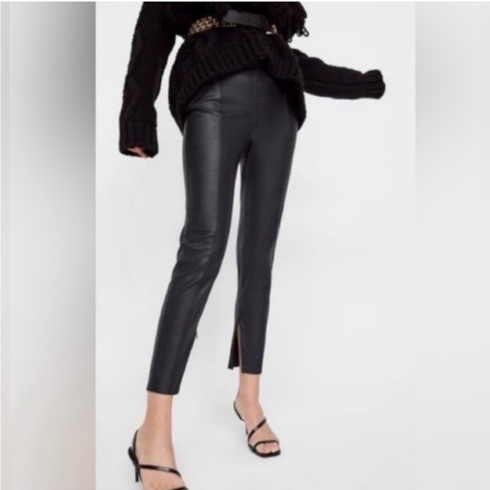 Zara Faux Leather Pull On Ankle Zip Pants Black S